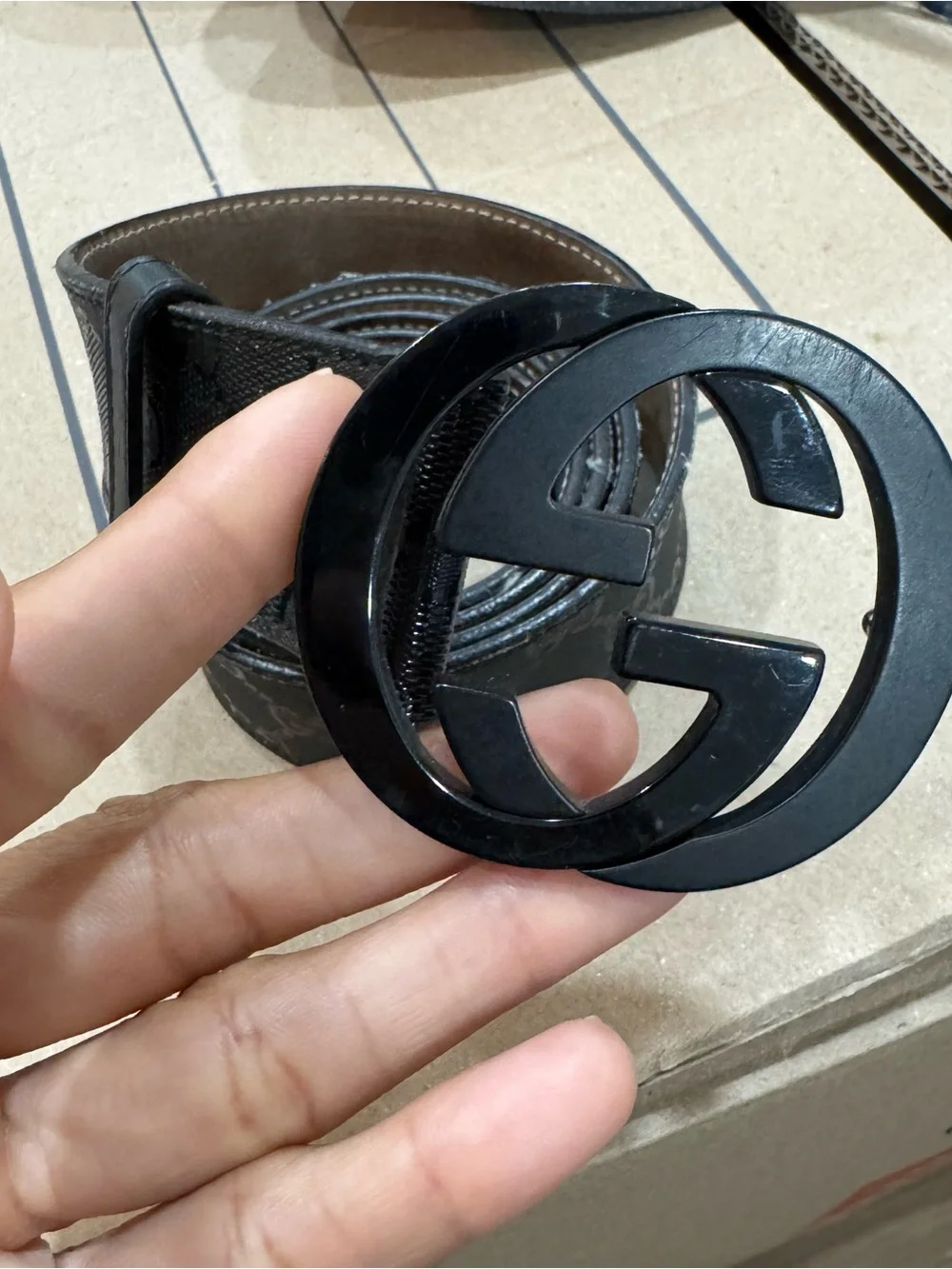 100% AUTH Gucci Black Monogram Leather Belt with Black Double G Buckle - Picture 3 of 5